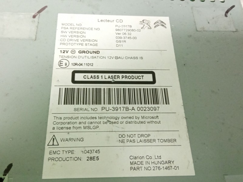 Recambio de sistema audio / radio cd para peugeot 508 referencia OEM IAM 9807729080  